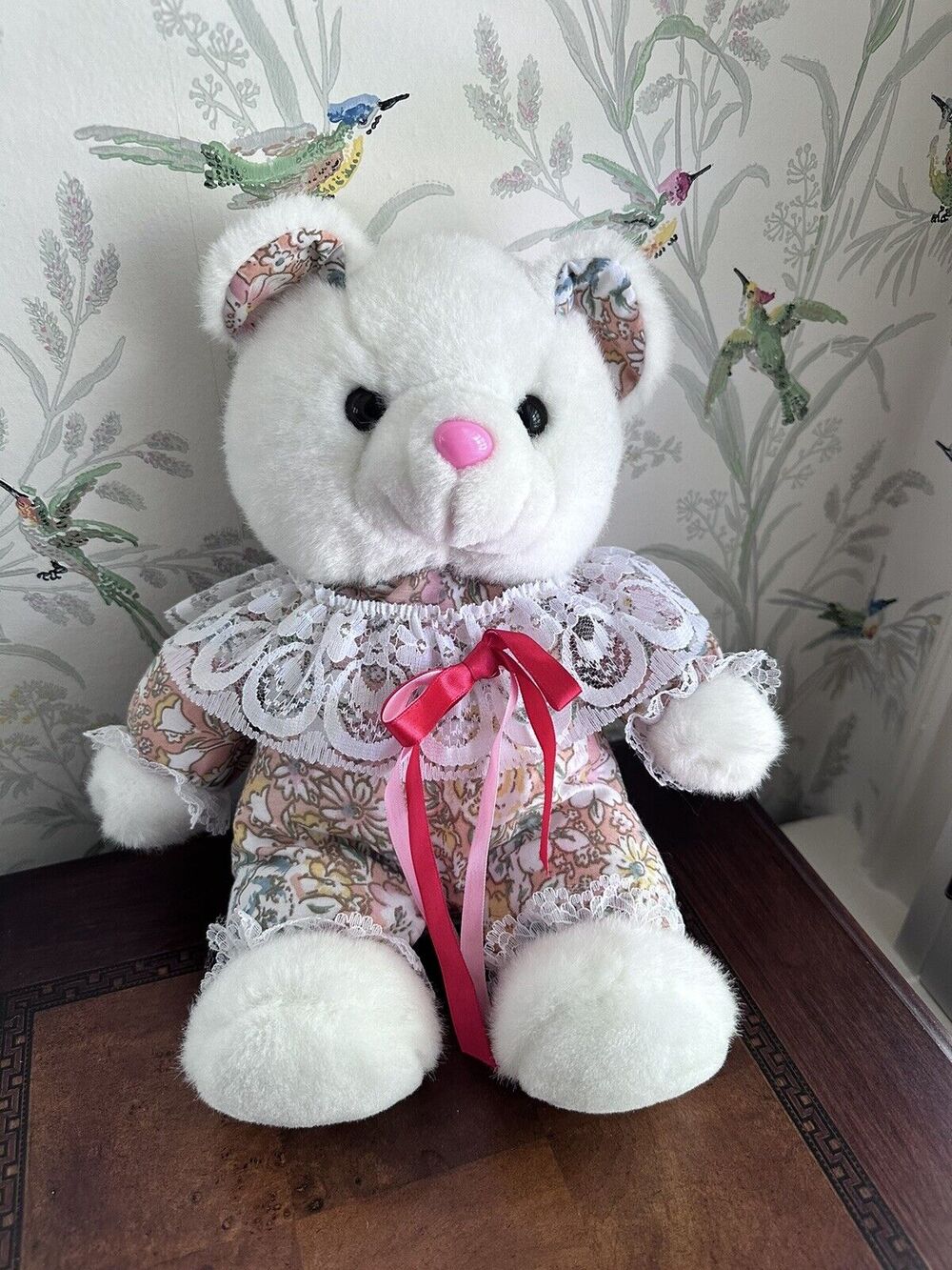 Vtg Jimmy Plush White Teddy Bear Pink Floral Pajamas 11” Stuffed Animal Toy